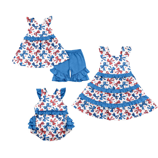 ( Moq 5 Each Style ) Baby Girls Kids Short Sleeves Bows 4th of July Sibling Romper Dress Set