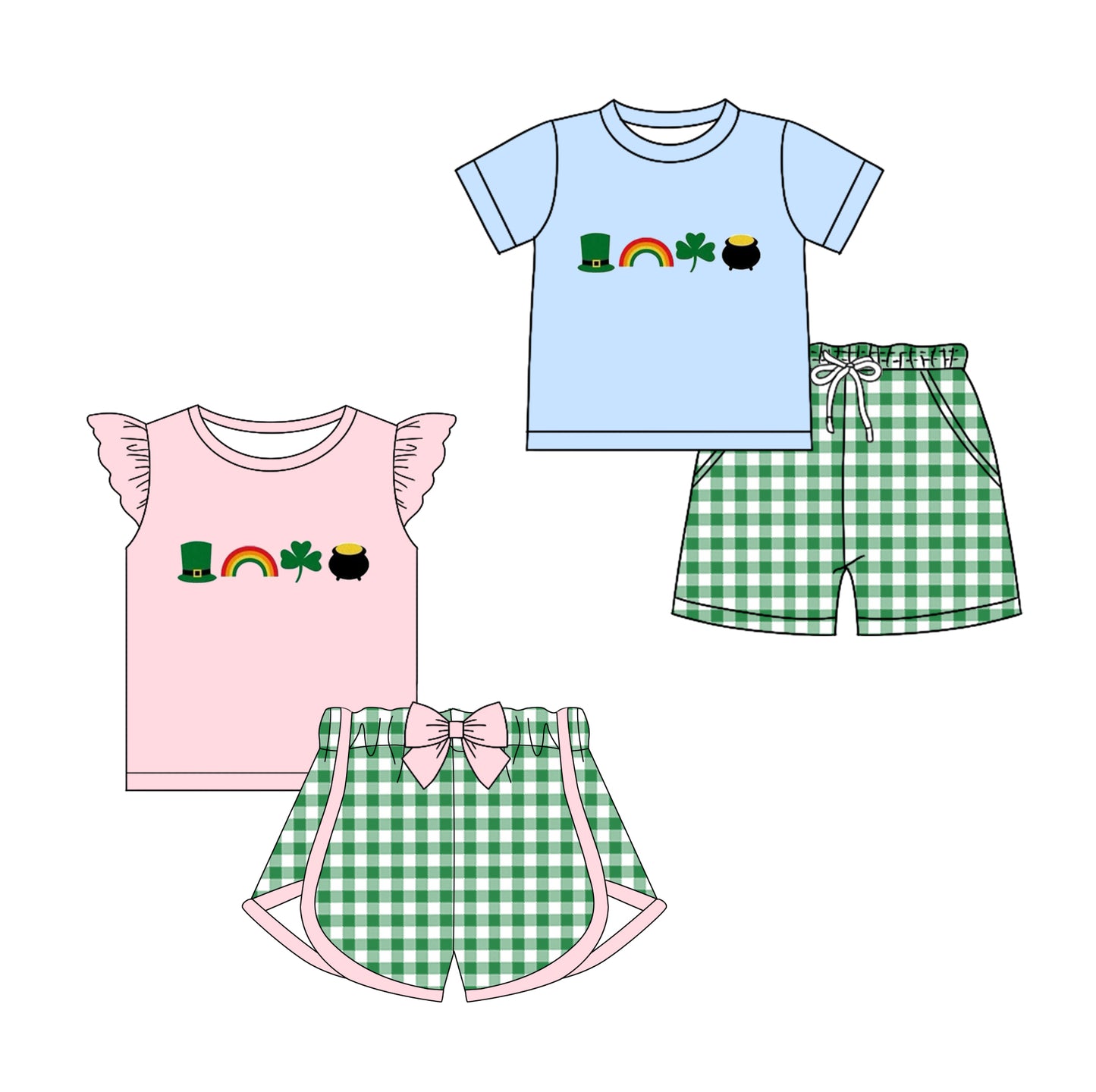 Baby Boy Girl Short Sleeves Green Plaid Shorts St Patrick Sibling Matching Set ( Moq 5 Each Design )