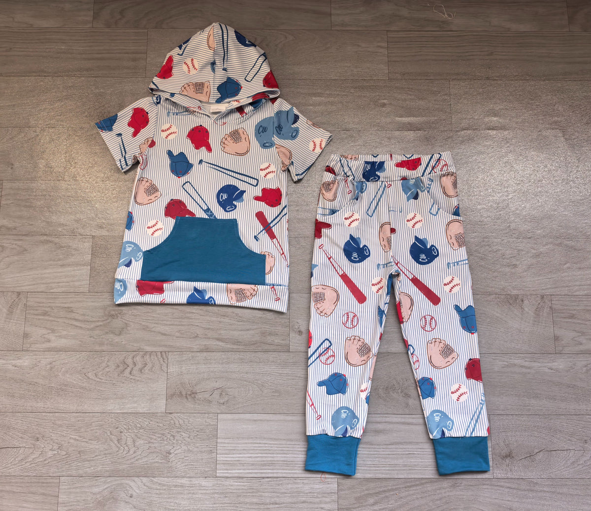 ( No moq ) Preorder Baby Boys Kids Baseball Stripes Hoodie Shirt Blue Pocket Pants Set Clothes