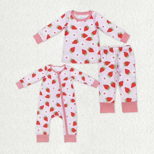 Sibling Baby Girls Long Sleeves Flower Strawberry Zipper Romper Pajamas Set Clothes RTS