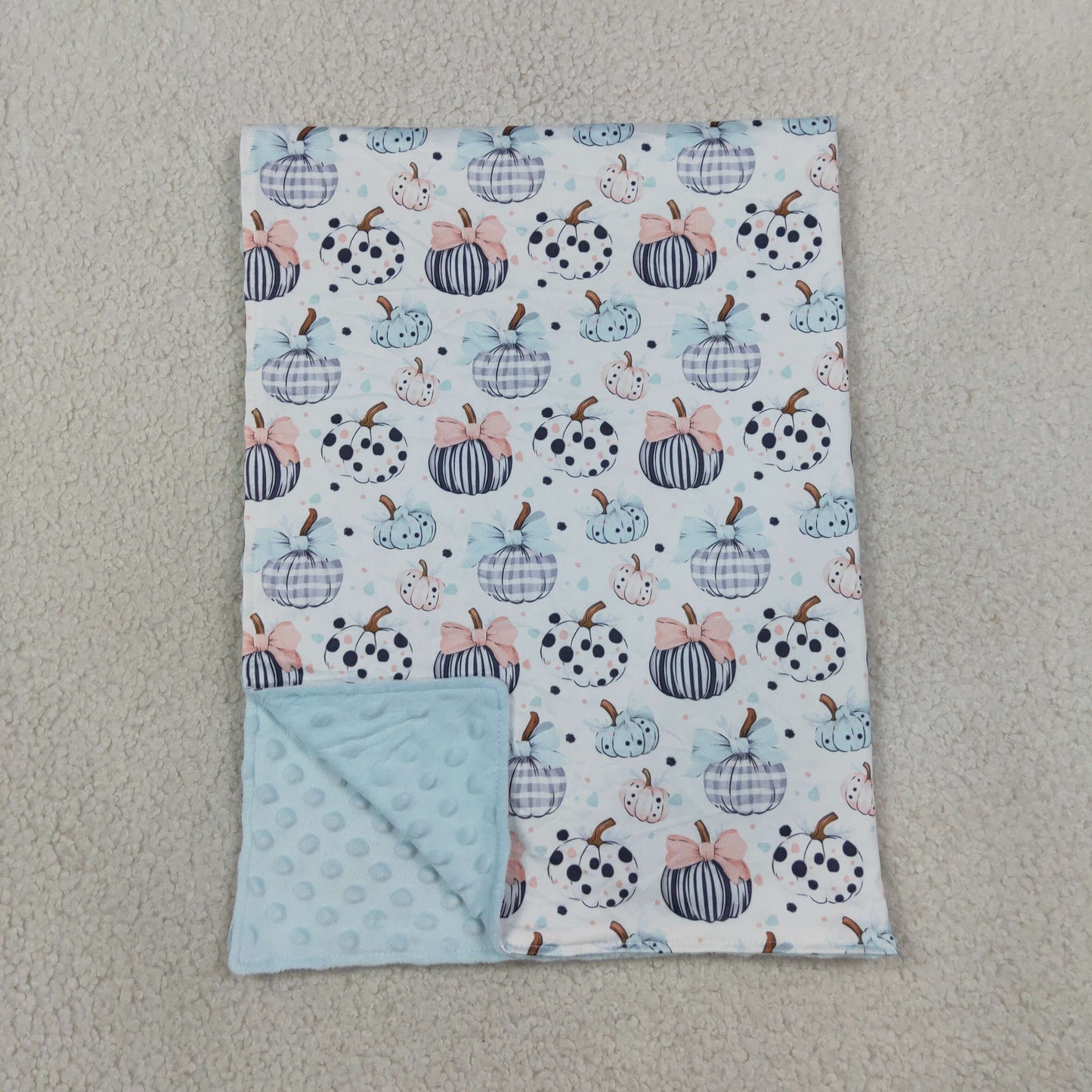 Baby Girls Kids Pumpkins Bows Fall Blue Blanket RTS