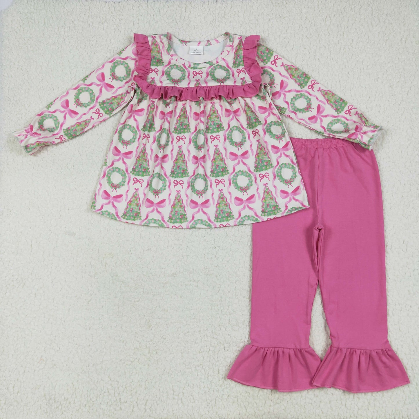 Baby Girl Toddler Long Sleeves Trees Bows Tunic Ruffle Pants Set RTS