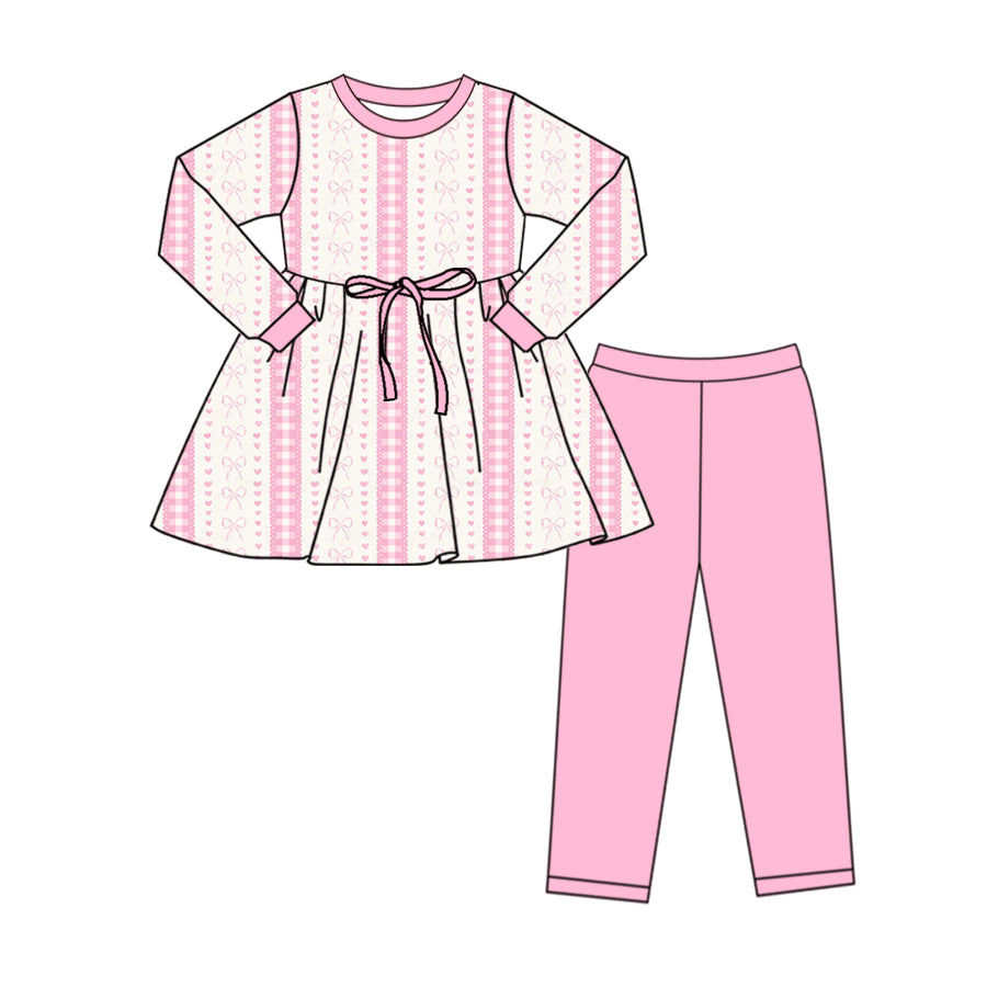 Baby Girl Long Sleeves Valentine Heart Bows Tops Pink Pants Clothes Set Moq 5