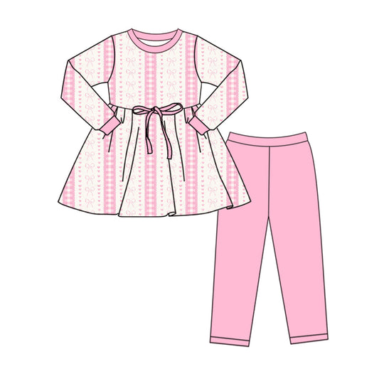 Baby Girl Long Sleeves Valentine Heart Bows Tops Pink Pants Clothes Set Moq 5