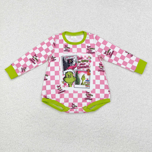 Baby Girl Long Sleeves Christmas Green Frog Checkered Bubble Romper