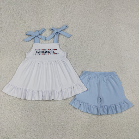 Baby Girls Kids Embroidery American Cutie Tunic Blue Ruffle Shorts 4th of July Set RTS