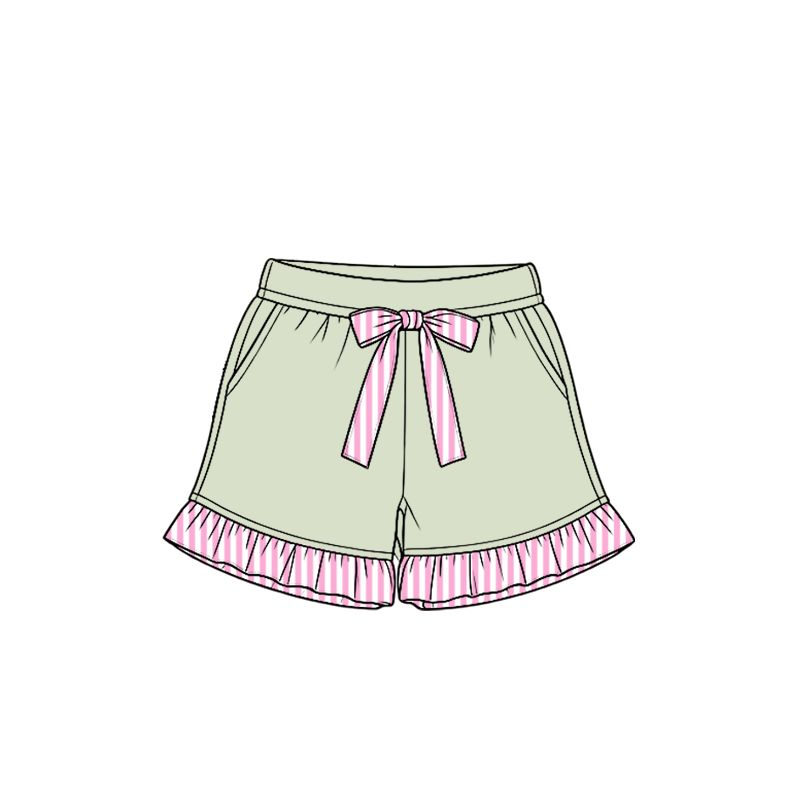 ( Moq 5 ) Preorder Baby Girls Kids Bows Pockets Ruffle Green Shorts Bottoms Clothes