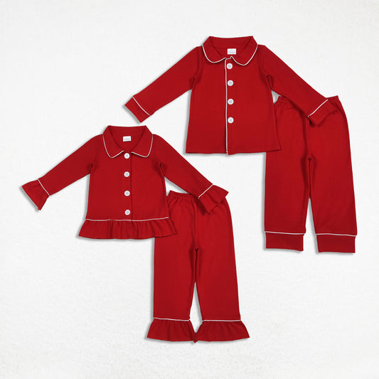 Sibling Boys Girls Long Sleeves Red Buttons Shirt Pants Christmas Cotton Pajamas Set RTS