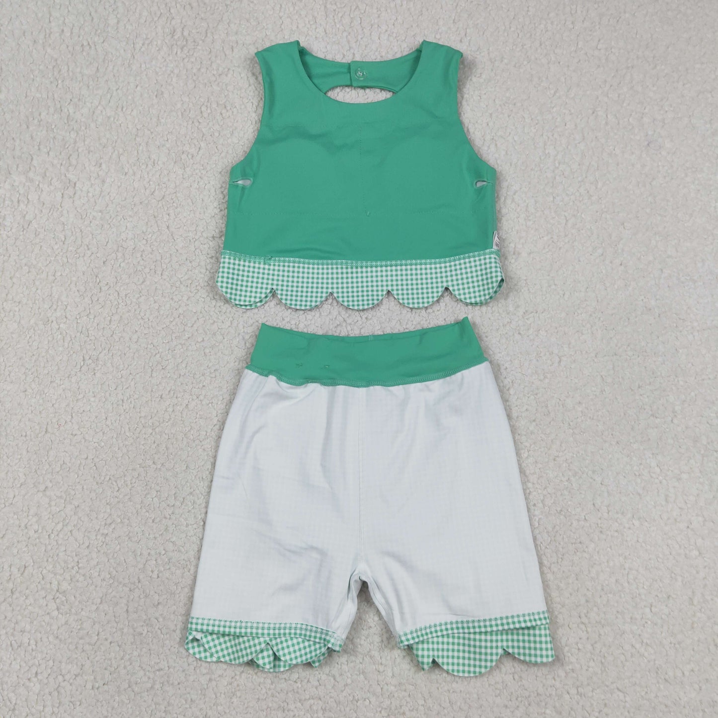 Sibling Baby Girls Kids Green Plaid Bows Skort Yoga Active Dress Set Scallop Clothes RTS