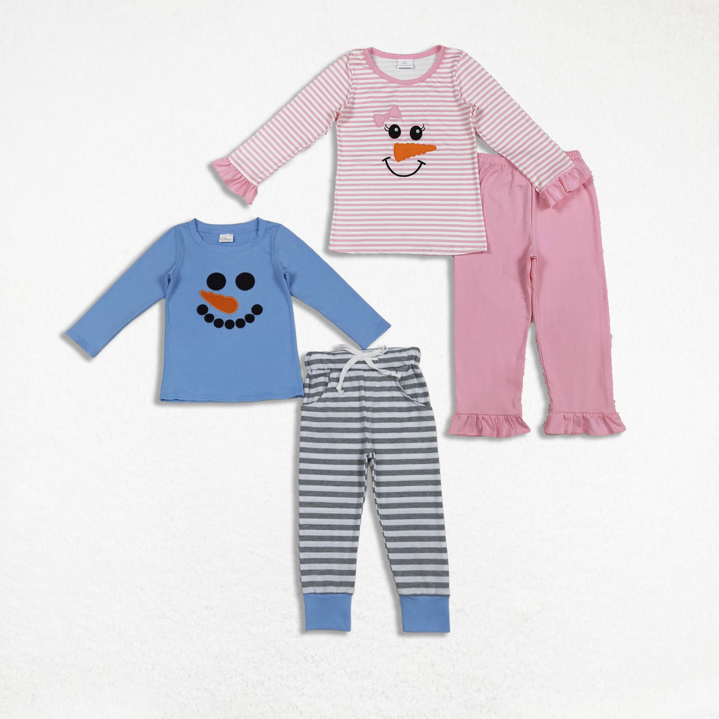 Sibling Boys Girls Long Sleeves Embroidery Christmas Snowman Shirt Stripes Pants Outfit RTS