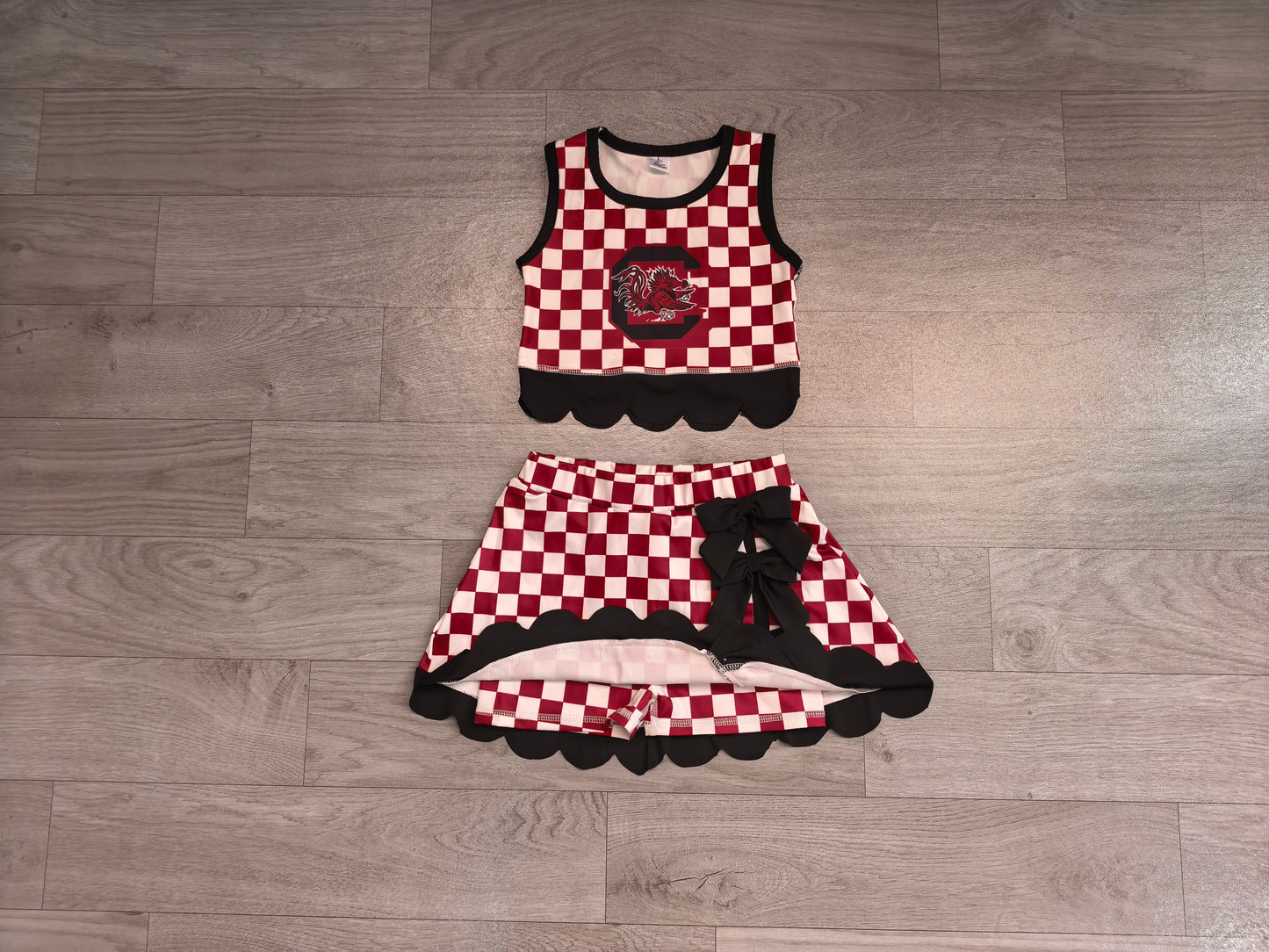 ( No moq ) Preorder Baby Girls Kids Chicken Checked Shirt Scallop Bows Skirt Shorts Team Set Yoga Active Clothes
