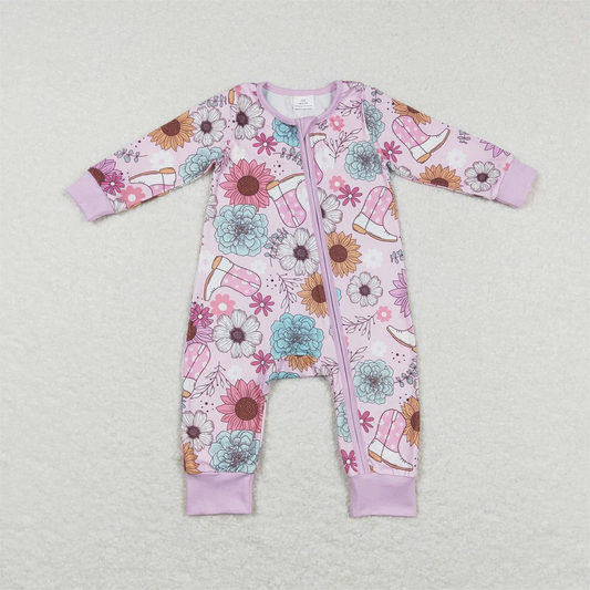 LR0801 Baby Girl Long Sleeves Western Boots Floral Zip One Piece Romper