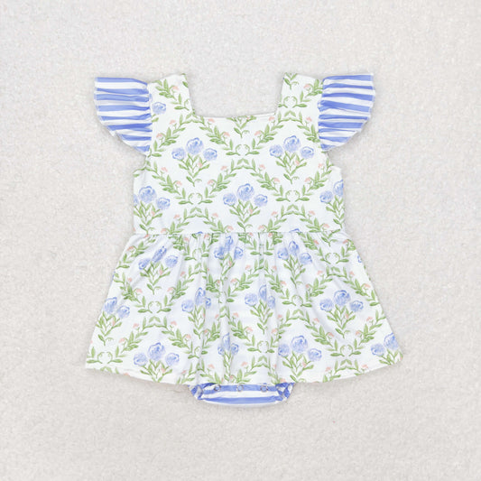 Baby Girl Short Sleeves Flower Stripes One Piece Romper