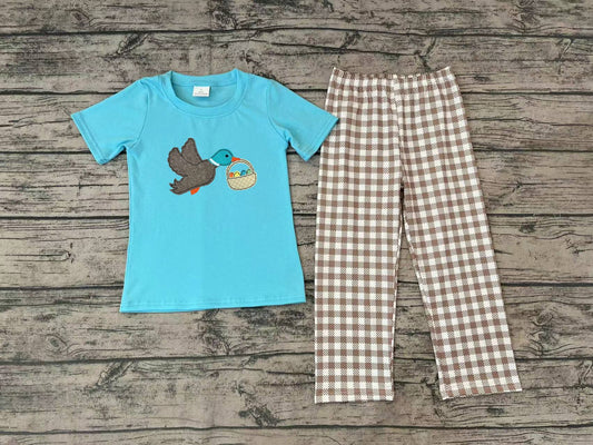 No moq Pre-order BSPO0216 Easter Baby Boy Duck Eggs Blue Shirt Plaid Pants Set