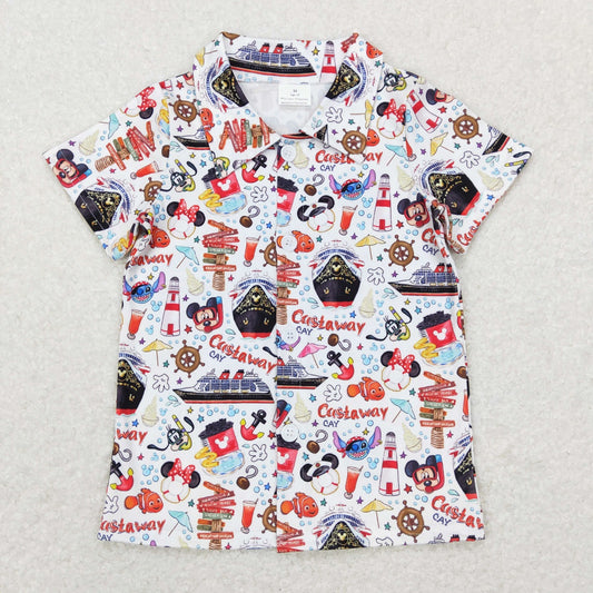 BT0490 Baby Boy Short Sleeves Cartoon Button Up Shirt