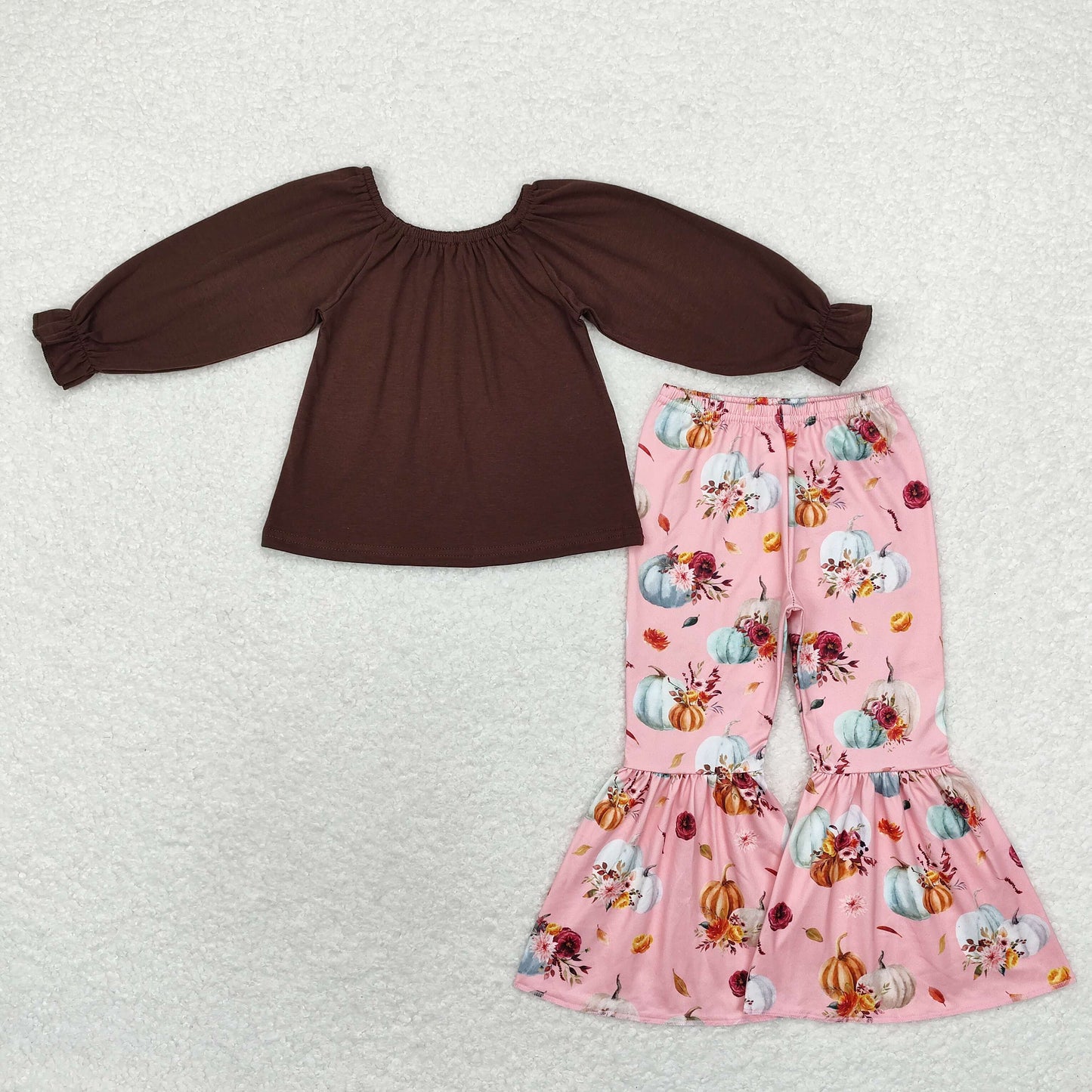 Baby Girl Long Sleeves Brown Cotton Tops Pumpkin Bell Pants Fall Set