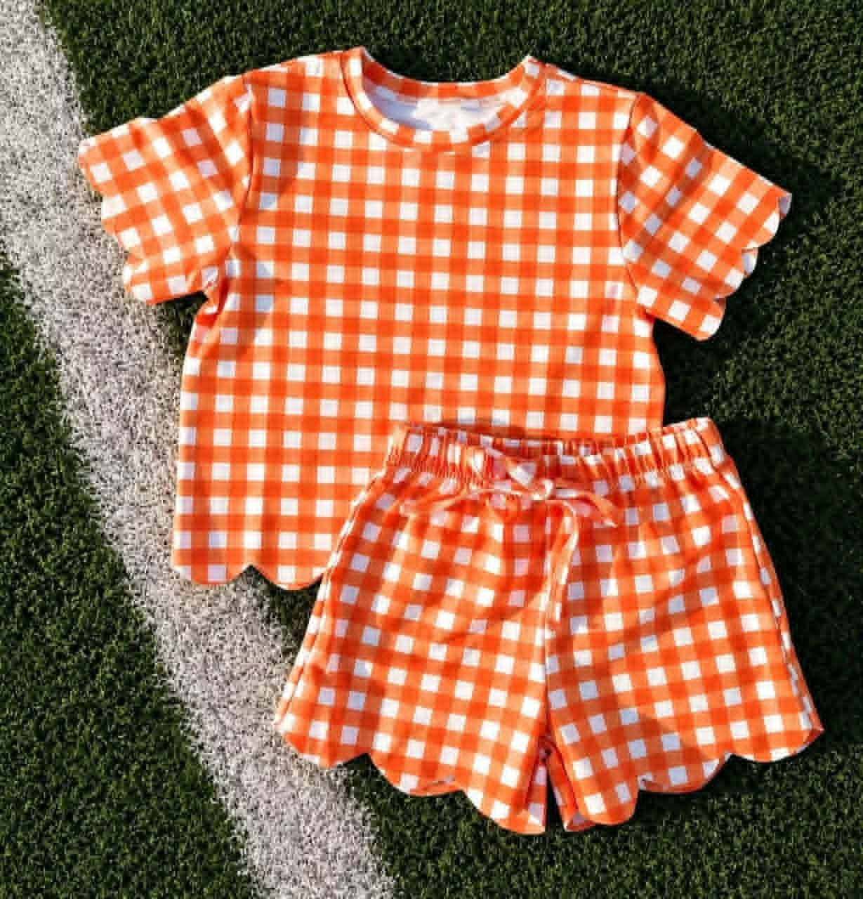 ( Moq 5 ) Preorder Baby Girls Kids Short Sleeves Orange Plaid Shirt Scallop Shorts Set Clothes