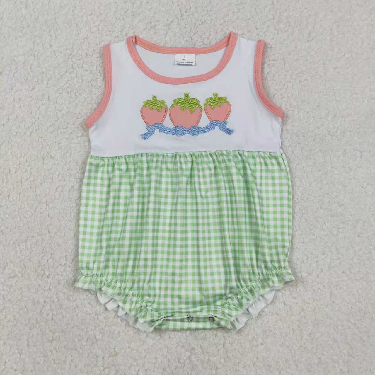 Sibling Baby Girls Sleeveless Embroidery Strawberry Bows Green Plaid Bubble Romper Set RTS