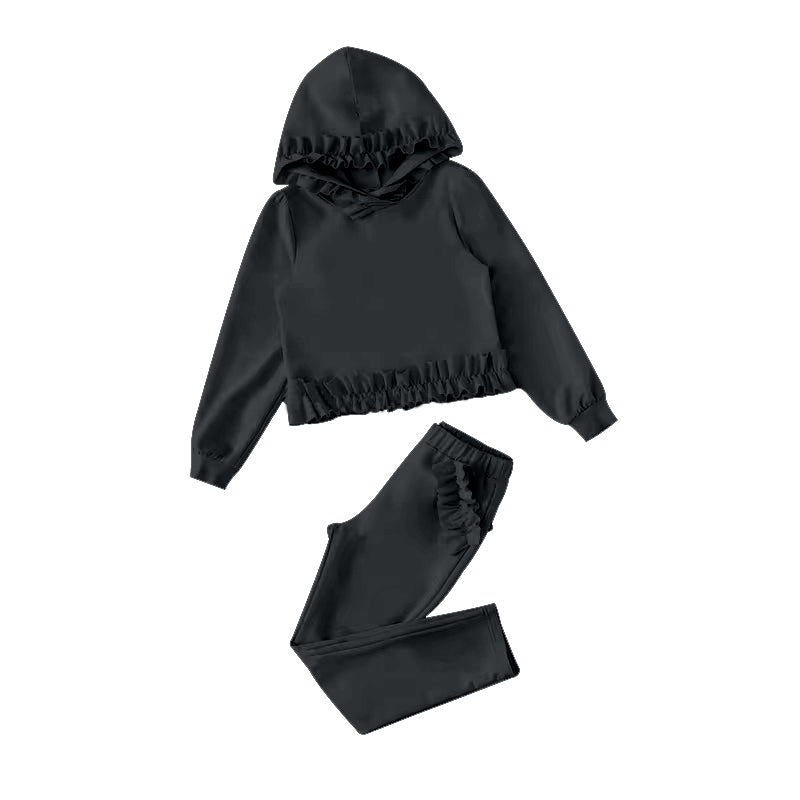 Baby Girl Black Long Sleeves Hooded Shirt Pocket Pants Set