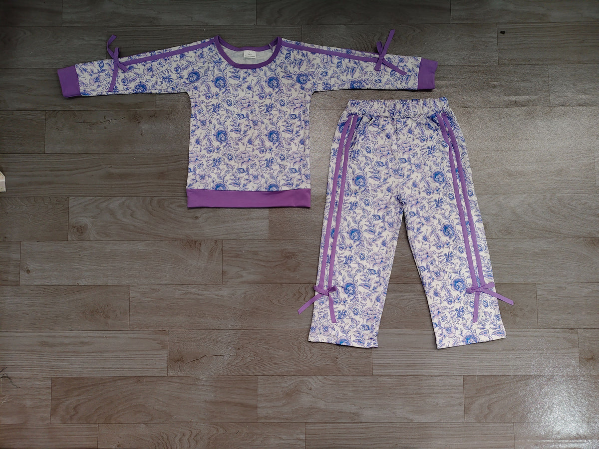 ( No moq ) Preorder Baby Girls Kids Flower Purple Bows Shirt Pockets Pants Set Clothes