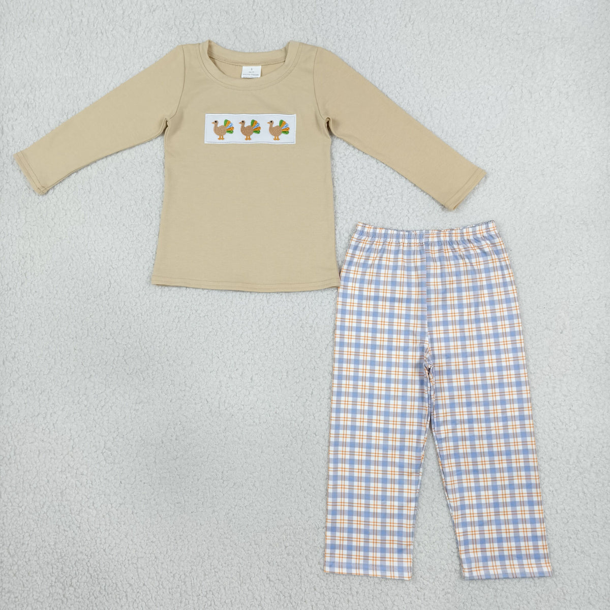 Baby Boys Kids Embroidery turkey Shirt Plaid Pants Set Thanksgiving Clothes RTS