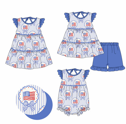 ( Moq 5 Each Style ) Baby Girls Kids Ducks Flags Flags Stripes Sibling 4th of July Romper Dress Set