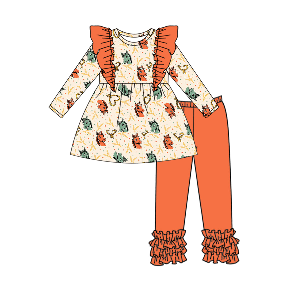 Baby Girl Long Sleeves Horse Tops Orange Ruffle Pants Set Moq 5