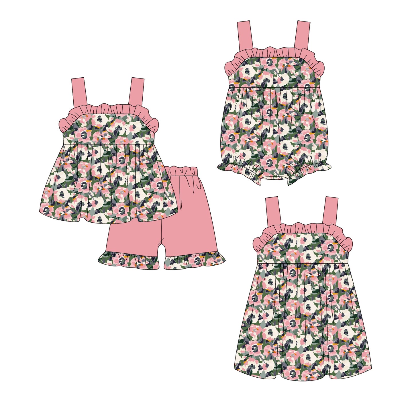 ( Moq 5 Each Style ) Sibling Baby Girls Kids Straps Flower Romper Dress Set Clothes