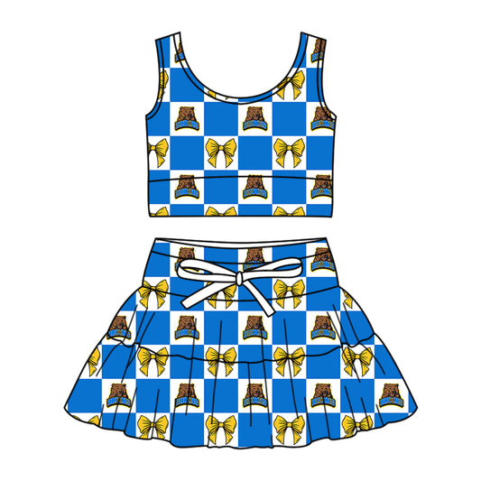 ( Moq 5 ) Baby Girls Kids Sleeveless Bear Bows Checked Tops Shorts Skirt Team Set