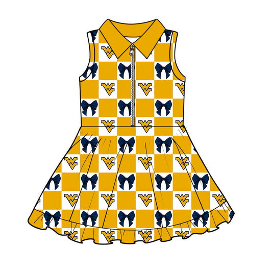 ( Moq 5 ) Baby Girls Kids WV Bows Checked Team Zipper Shorts Knee Length Dress