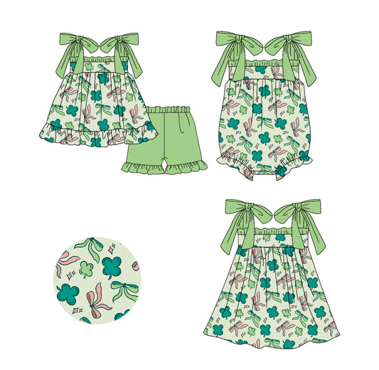 Baby Girl St. Patrick Bows Green Sibling Romper Dress Clothes Set ( Moq 5 Each Design )11.20