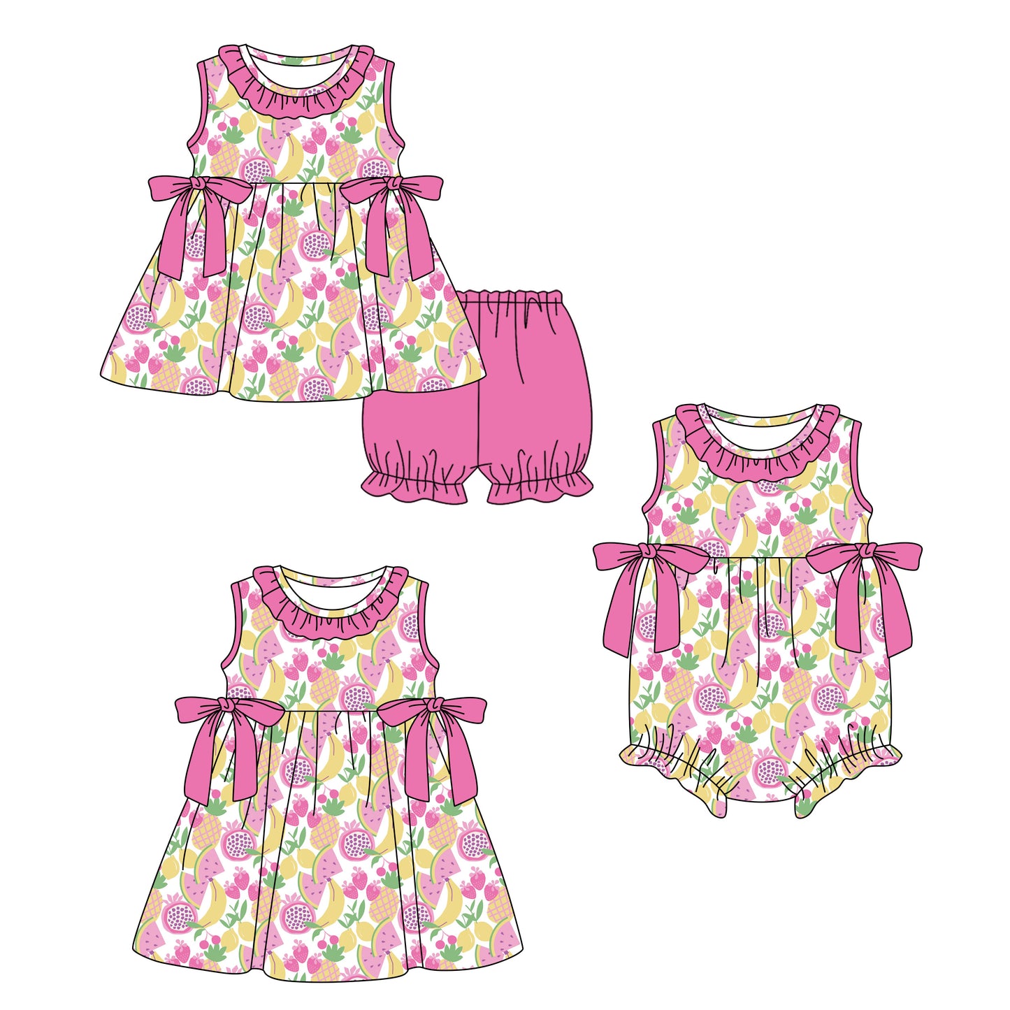 ( Moq 5 Each Style ) Sibling Baby Girls Kids Fruits Bows Romper Dress Set Clothes