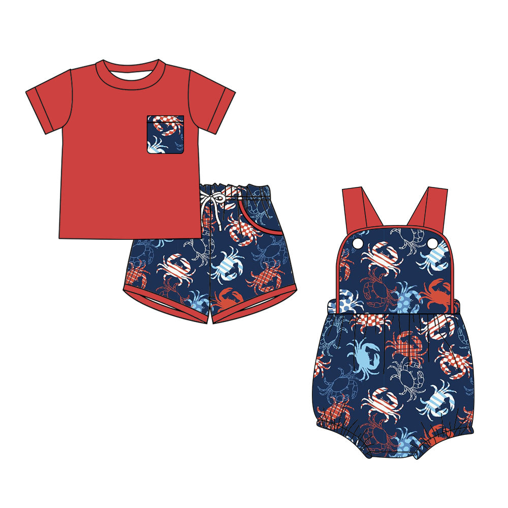 ( Moq 5 Each Style ) Sibling Baby Boys Kids Shirt Pockets Shorts Crabs 4th of July Set Romper