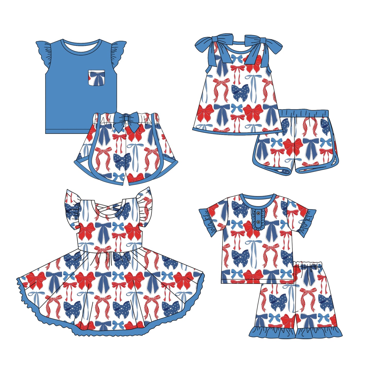 Baby Girl Short Sleeves 4th Of July Bows Sibling Romper Dress Set ( Moq 5 Each Style ) 3.12