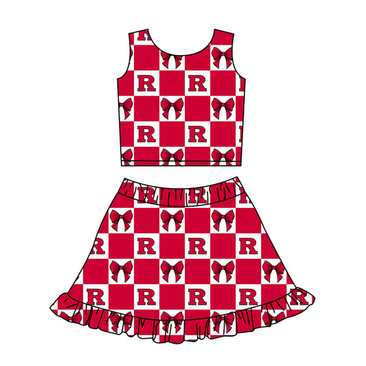 ( Moq 5 ) Baby Girls Kids Toddler R Bows Checked Tops Shorts Ruffle Skirt Team Set