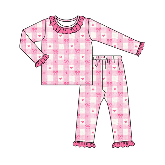 Baby Girl Long Sleeves Valentine Hearts Bows Shirt Checkered Pants Pajamas Pink Set Moq 5