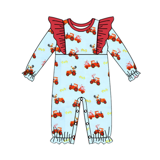 Baby Girl Infant Long Sleeves Valentine Hearts Tractor Romper