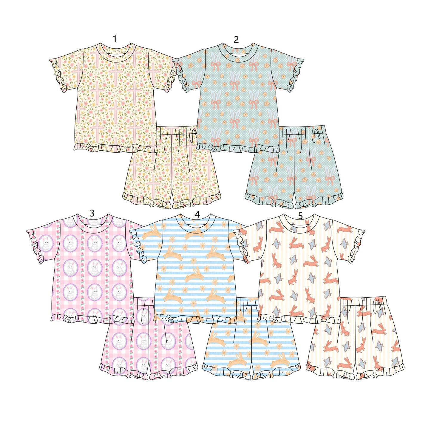 ( Moq 5 Each Style ) Baby Girls Kids Short Sleeves Shirts Rabbits Shorts Sibling Easter Sets