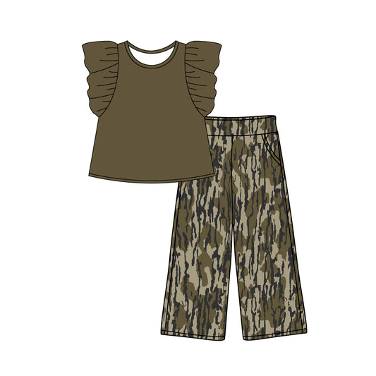 Baby Girl Short Sleeves Dark Green Tops Camo Pocket Pants Clothes Set Moq 5