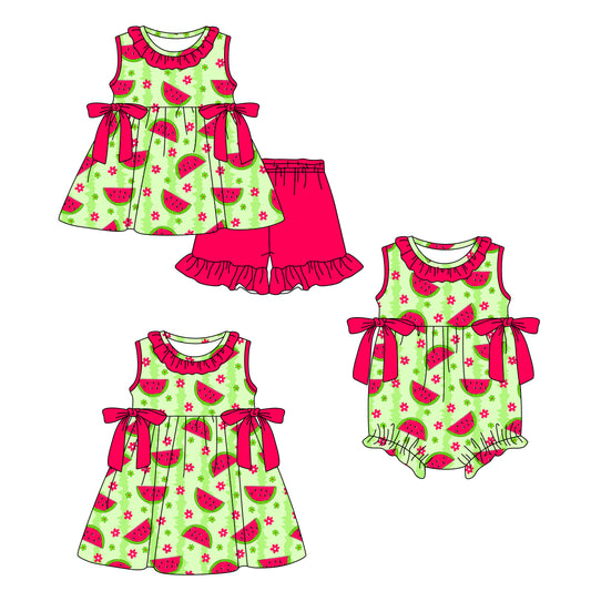 ( Moq 5 Each Style ) Baby Girls Kids Watermelon Bows Sibling Romper Dress Set
