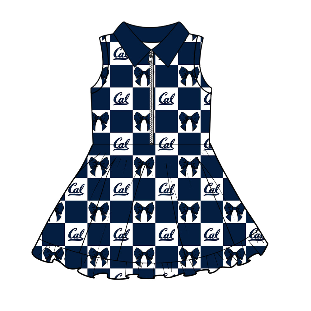 ( Moq 5 ) Baby Girls Kids Sleeveless Navy Bows Checked Team Zipper Shorts Knee Length Dress