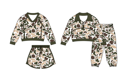 ( Moq 5 Each Style ) Sibling Baby Boys Girls Dogs Ducks Deer Camo Long Sleeves Zipper Shirt Shorts Pants Sets