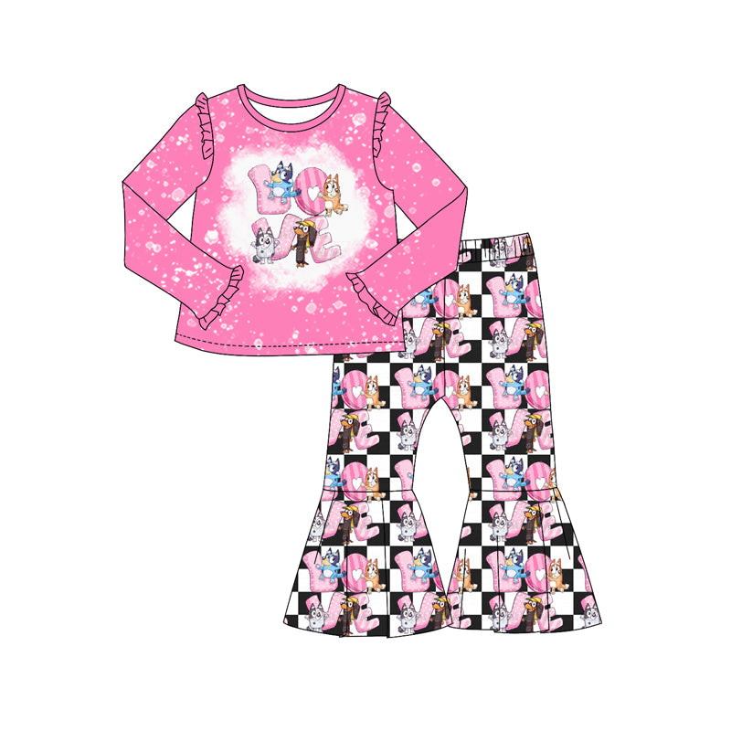 Baby Girl Toddler Valentine Pink Shirt Love Dog Checkered Pants Set