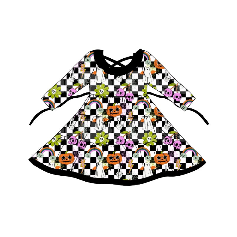 Baby Girl Halloween Ghost Flower Pumpkin Checkered Dress