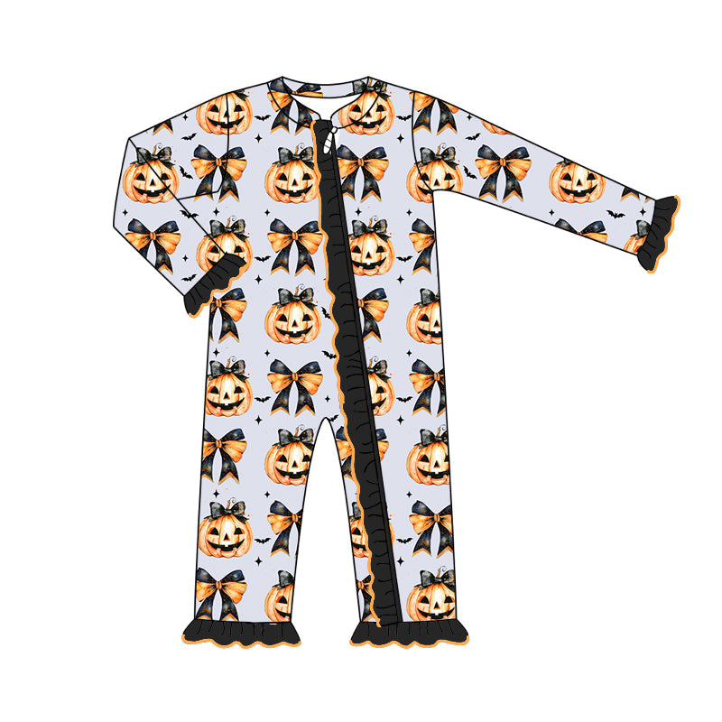 Baby Girl Halloween Pumpkin Bows Zipper Romper