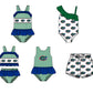 ( Moq 5 Each Style ) Baby Boys Girls Green Stripes Sibling Team Sets Swimsuits Football Clothes