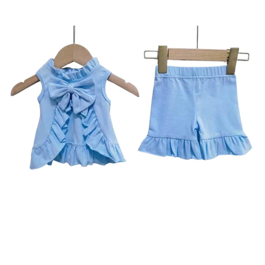 Moq 3 Pre-order GSSO0519 Baby Girl Sleeveless Cotton Open Back Tops Shorts Blue Set