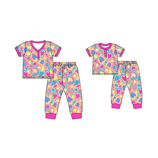 Baby Kids Toddler Toddler Adult Short Sleeves Hearts Valentines Pants Sibling Family Pajamas Set ( Moq 5 Each Style ) 12.2