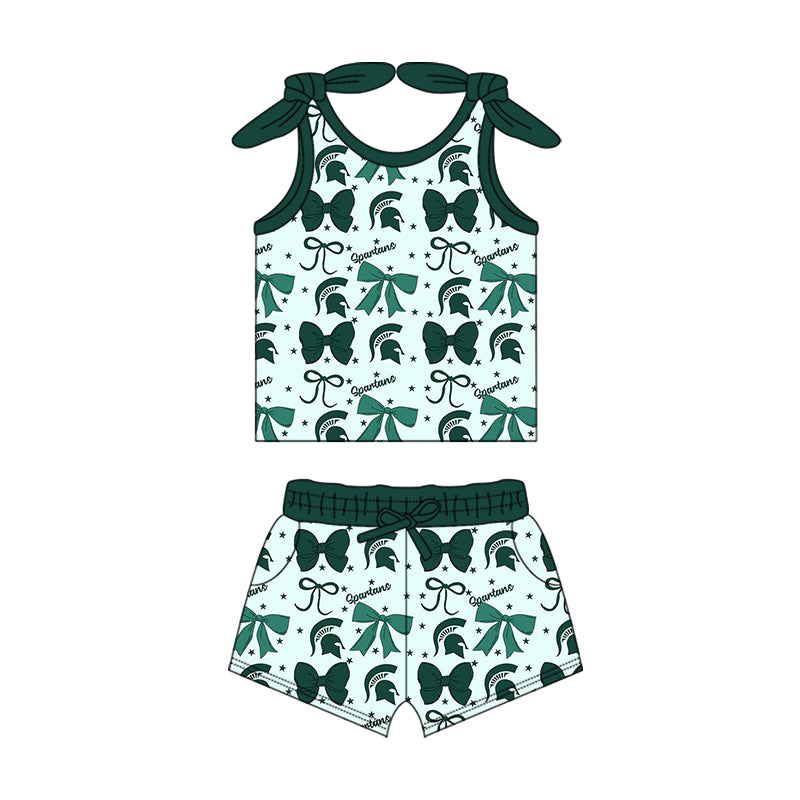 ( Moq 5 each style ) Baby Girl Toddler Team Green Bows Sibling Dress Set