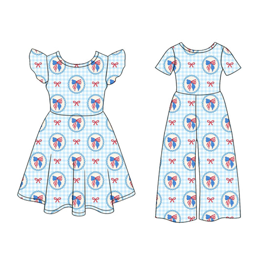 ( Moq 5 Each Style ) Sibling Baby Girls Kids Bows Plaid 4th of July Dress Jumpsuit Clothes